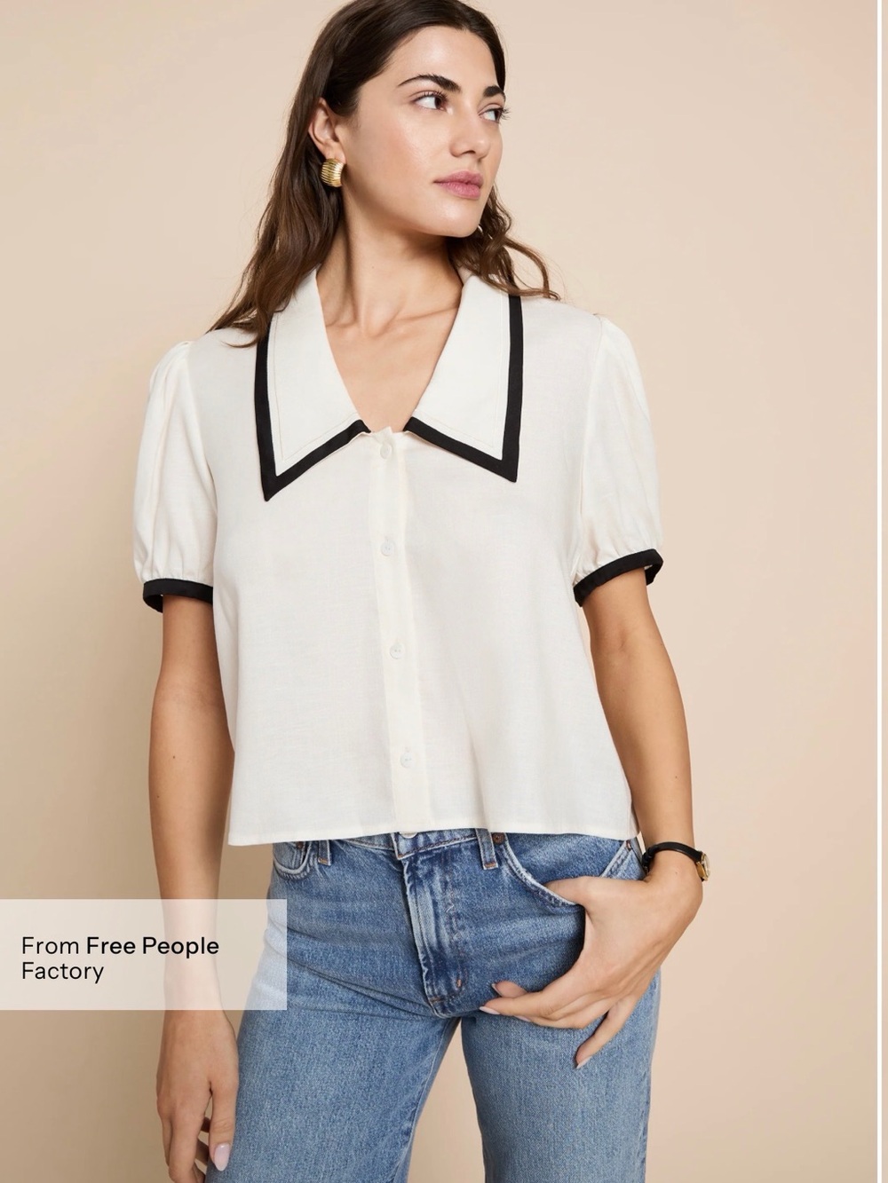 Few Moda Danika Cream Contrast Collar Button-Up Top Size M NWT